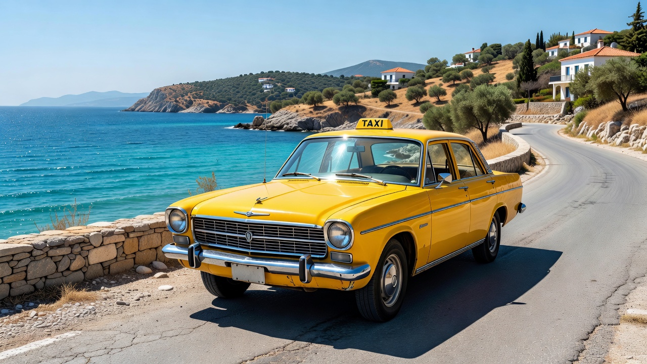 Κίτρινο ταξί σε παράκτιο δρόμο Ελλάδα